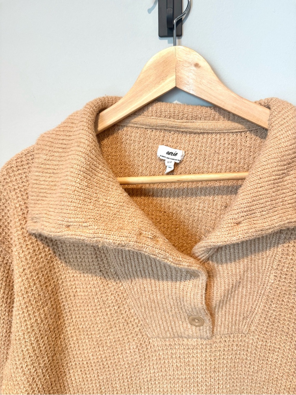 Aerie Cozy Beige Fuzzy Knit Waffle Weave Pullover Sweater with Button Collar - Picture 2 of 3